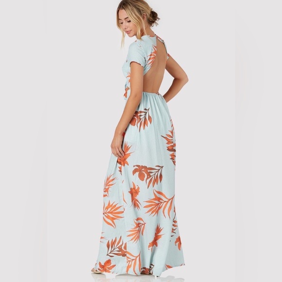 Latiste Mint Blue/Tropical Leaf Orange Island Hop Cut Out Maxi Dress. NWT Size S - Picture 12 of 13